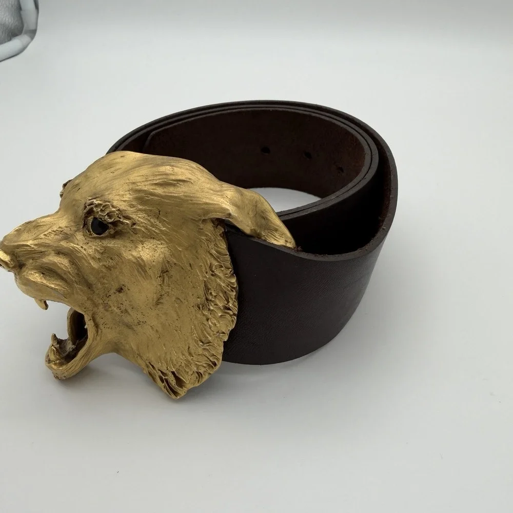 Vtg Christopher Ross Belt Buckle Snarling Angry Dog Wolf 1976 Gold Plate Metal